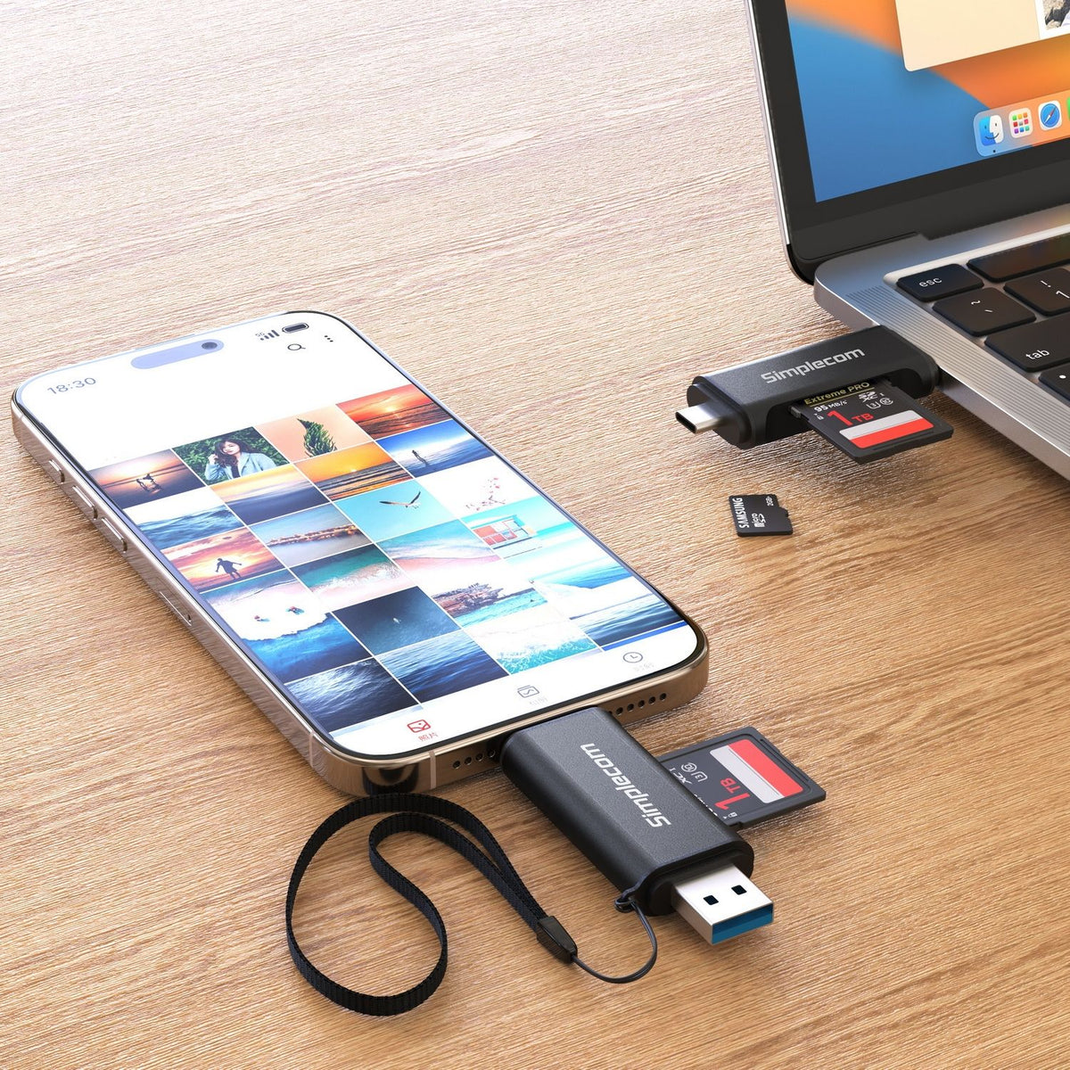 Simplecom CR402B SuperSpeed USB-C and USB-A Dual Slot Card Reader for SD MicroSD USB 3.2 Gen 1