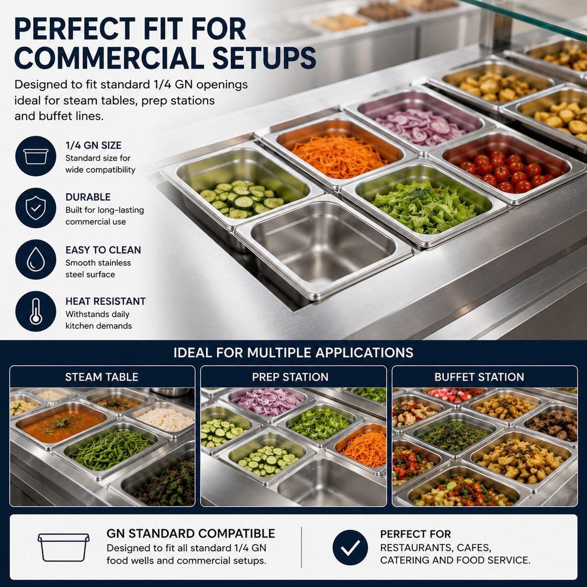 Commercial Stainless Steel GN 1/4 100mm Deep Gastronor - V324-1-4GNPAN-10CM-NLID