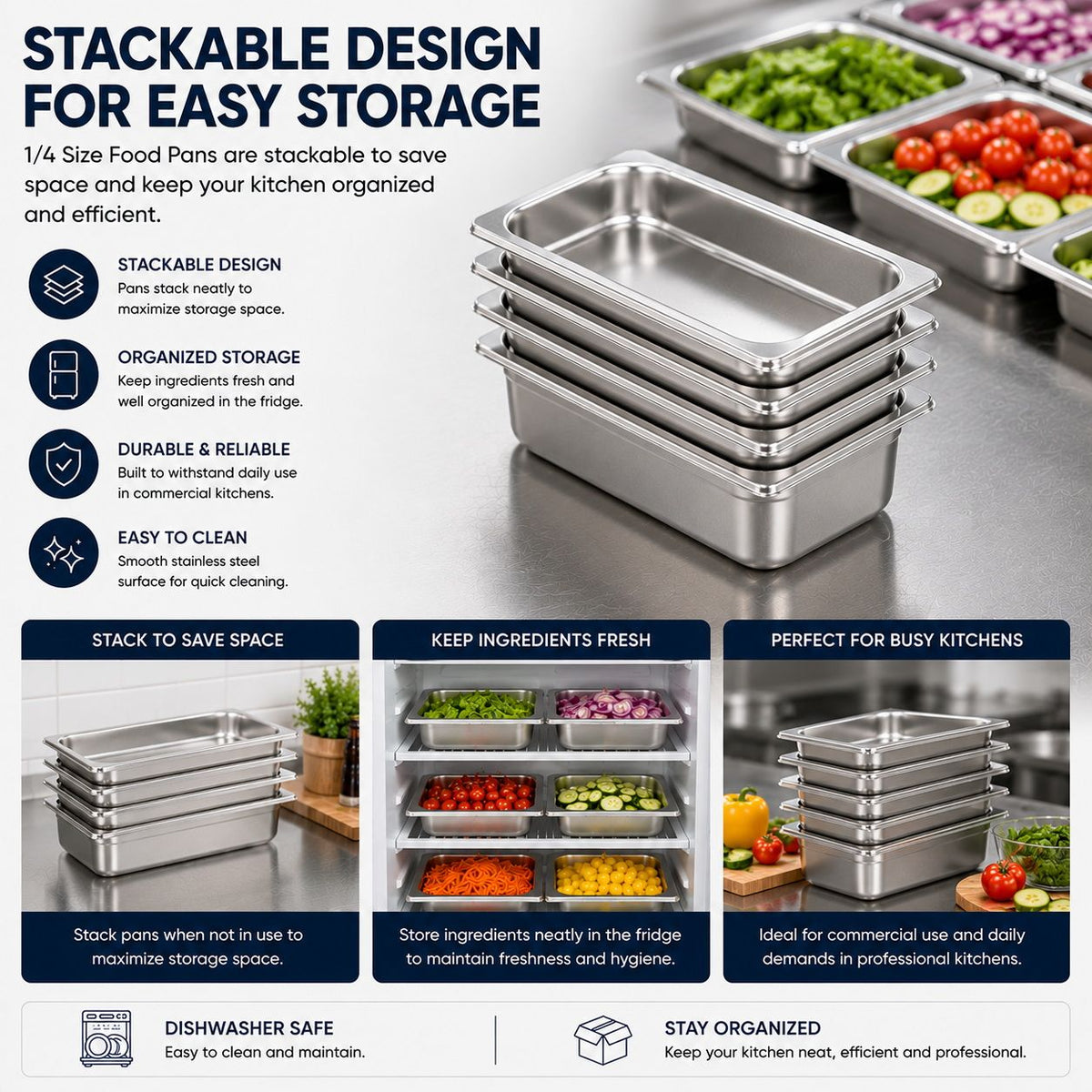 Commercial Stainless Steel GN 1/4 100mm Deep Gastronor - V324-1-4GNPAN-10CM-NLID