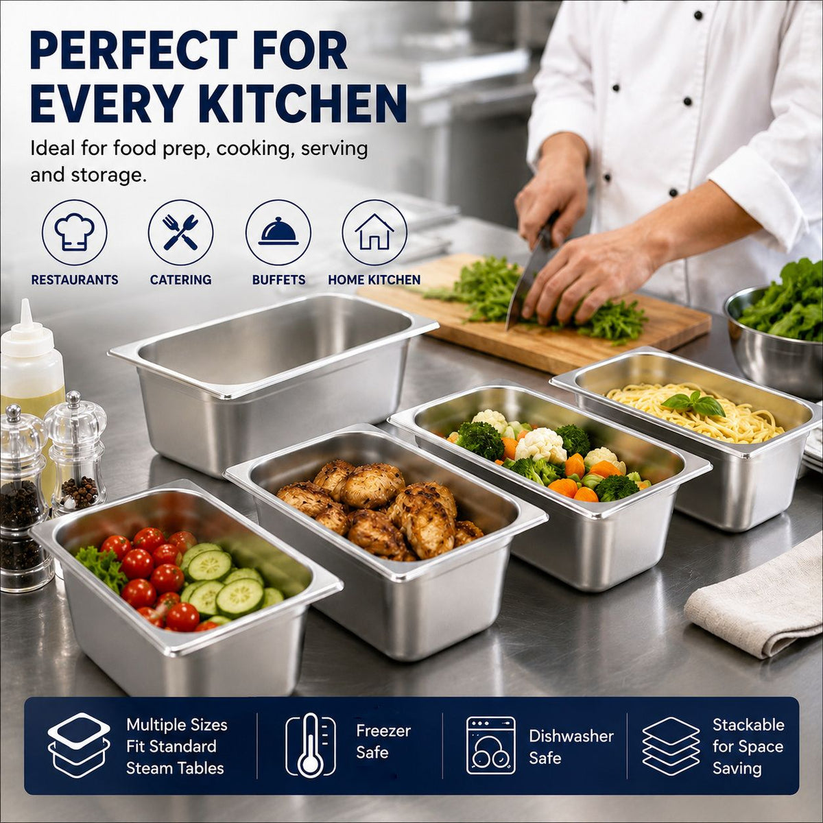 Commercial Stainless Steel GN 1/4 100mm Deep Gastronor - V324-1-4GNPAN-10CM-NLID