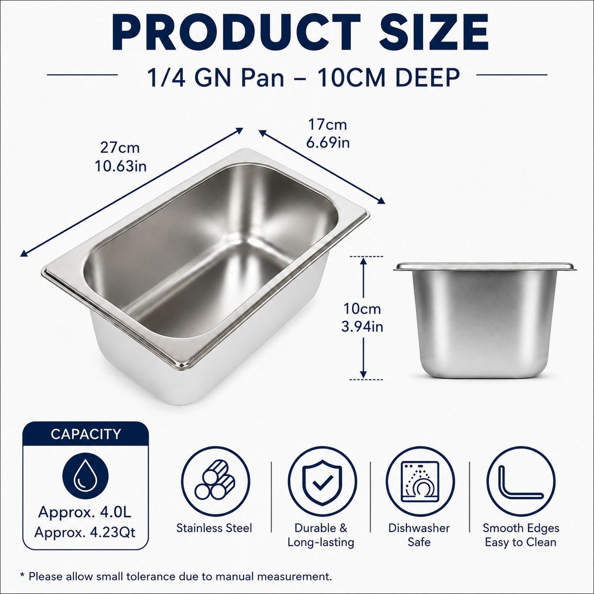 Commercial Stainless Steel GN 1/4 100mm Deep Gastronor - V324-1-4GNPAN-10CM-NLID