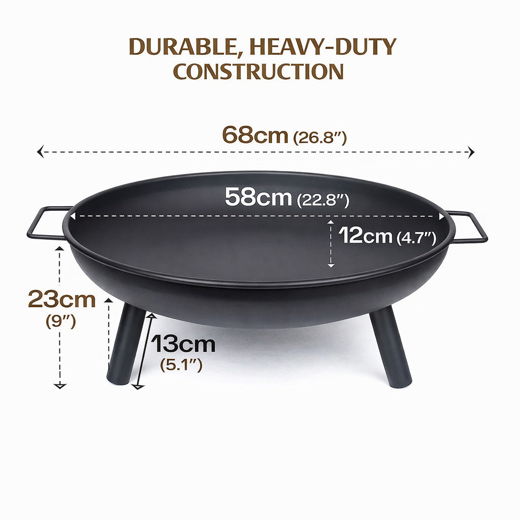 Outdoor Fire Pit 68cm Steel Fire Bowl Wood Burning Portable Heater Backyard Camping BBQ with Handles