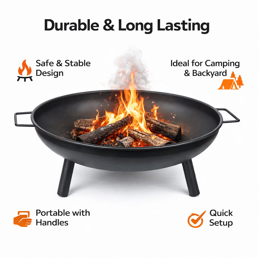 Outdoor Fire Pit 68cm Steel Fire Bowl Wood Burning Portable Heater Backyard Camping BBQ with Handles