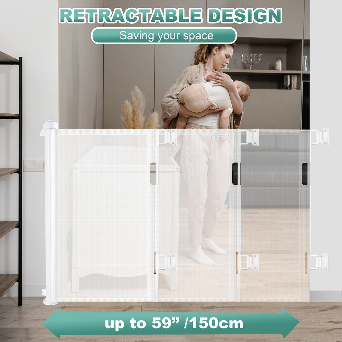 Retractable 1.5M Doorways Hallways Stairs Baby Gate Dog - V324-HO-GATEWH15M