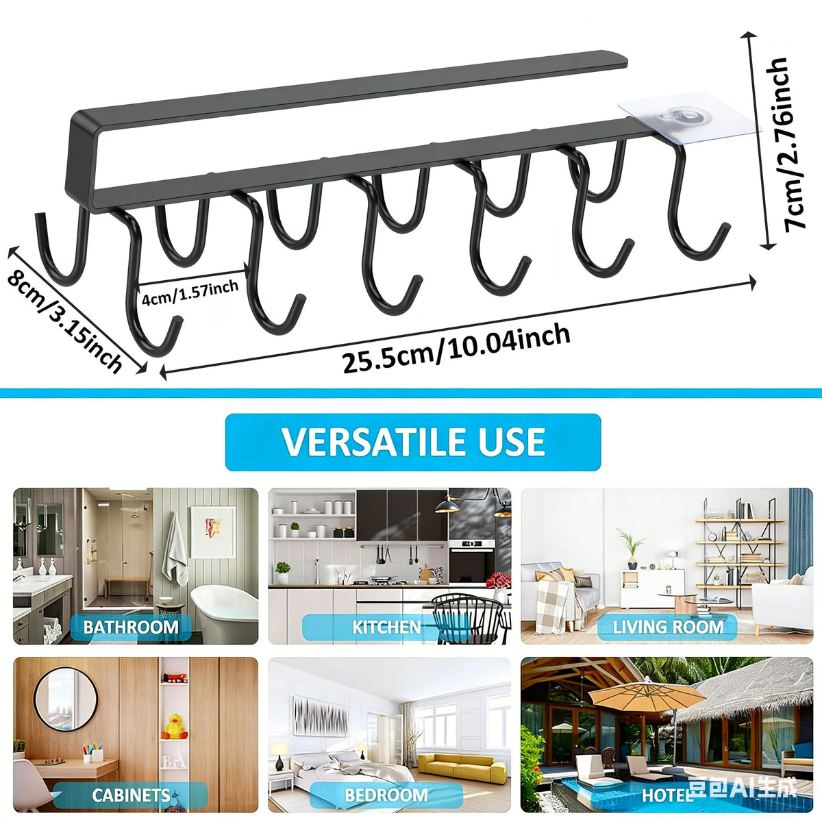 Under Cabinet Mug Holder 12 Hooks No Drill Cup Rack Organizer for Kitchen Storage Black