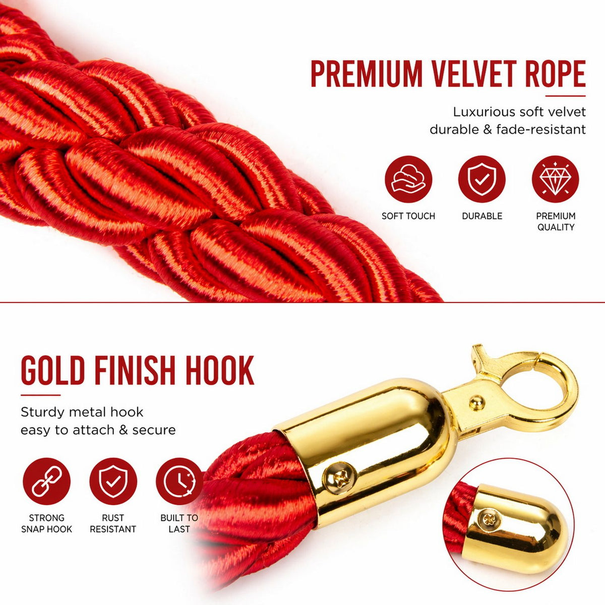 Premium Velvet Rope Barrier Queue Rope with Gold Hooks Red 150cm VIP Crowd Control Rope