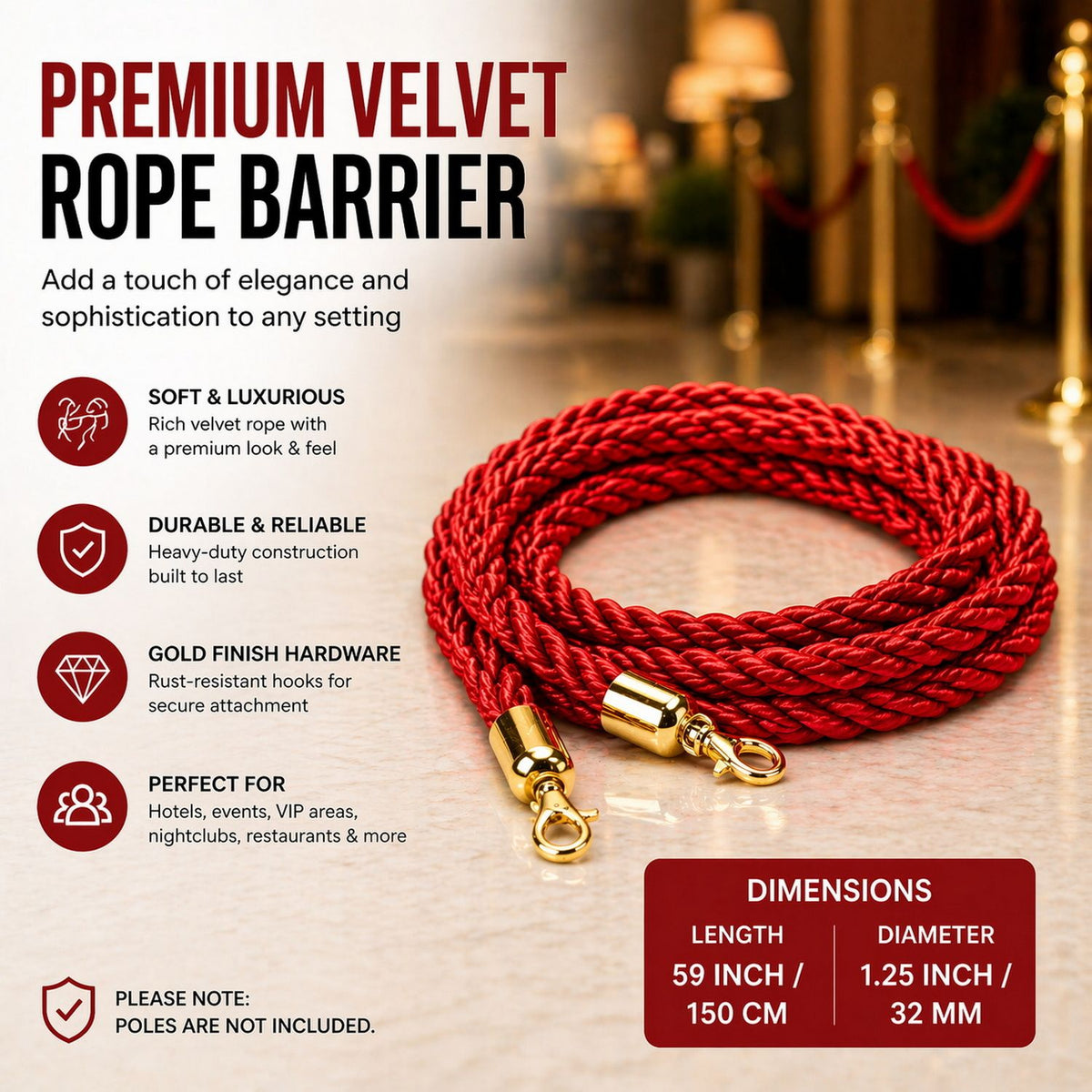 Premium Velvet Rope Barrier Queue Rope with Gold Hooks Red 150cm VIP Crowd Control Rope