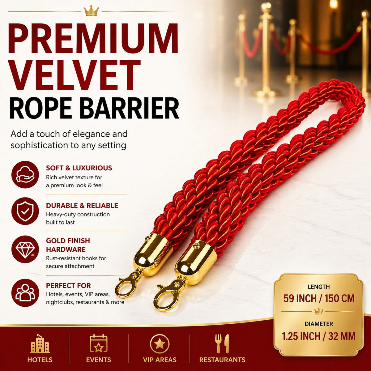 Premium Velvet Rope Barrier Queue Rope with Gold Hooks Red 150cm VIP Crowd Control Rope
