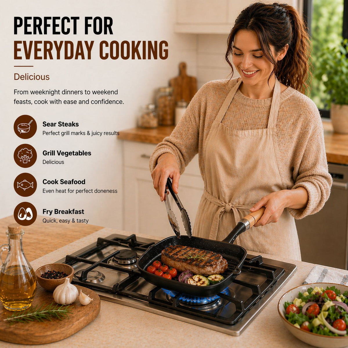 Premium Cast Iron Grill Pan 22cm Square Pre-Seasoned BBQ Steak Fry Pan Wooden Handle