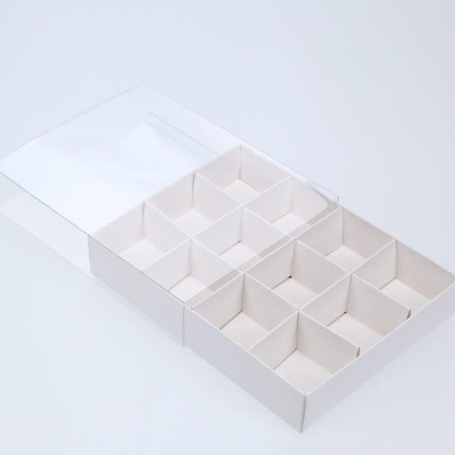 50 Pack of White Card Chocolate Sweet Soap Product Retail Gift Box - 12 bay 4x4x3cm Compartments  - Clear Slide On Lid - 16x12x3cm
