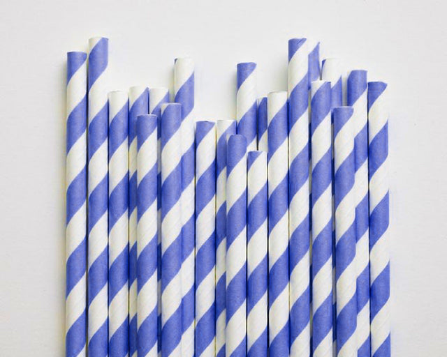 50 Pack Blue White Drinking Straws Biodegradable Eco Paper Birthday Bistro Bar
