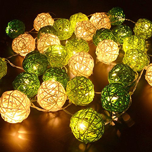 1 set Green n White 5cm Rattan Cane 50 Ball battery LONG 5m String Lights