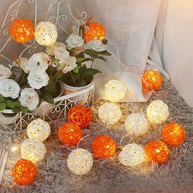 1 set Orange n White 5cm Rattan Cane 50 Ball battery LONG 5m String Lights