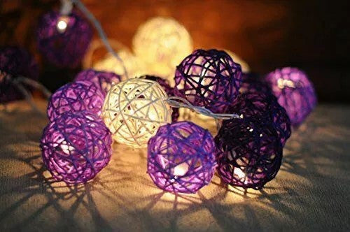 1 set Purple n White 5cm Rattan Cane 50 Ball battery LONG 5m String Lights