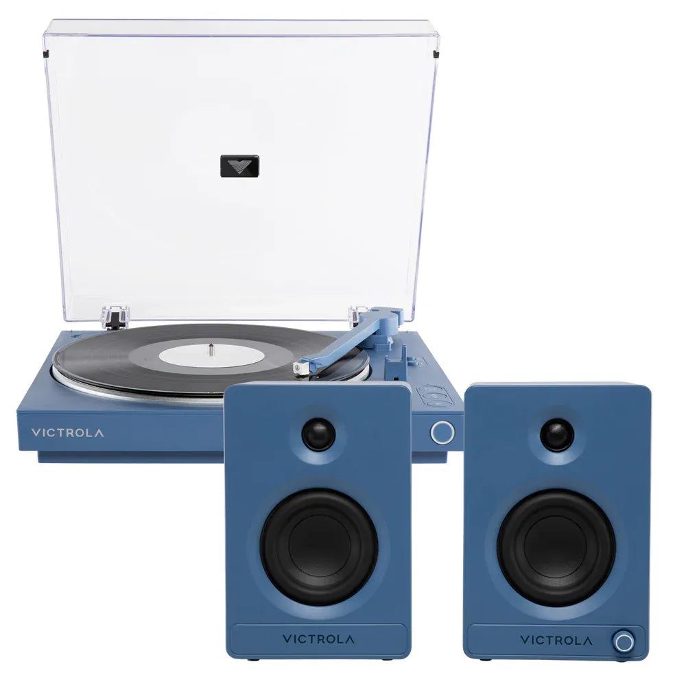 Victrola Automatic Turntable + Victrola Tempo Bookshelf Speakers Bundle - Blue