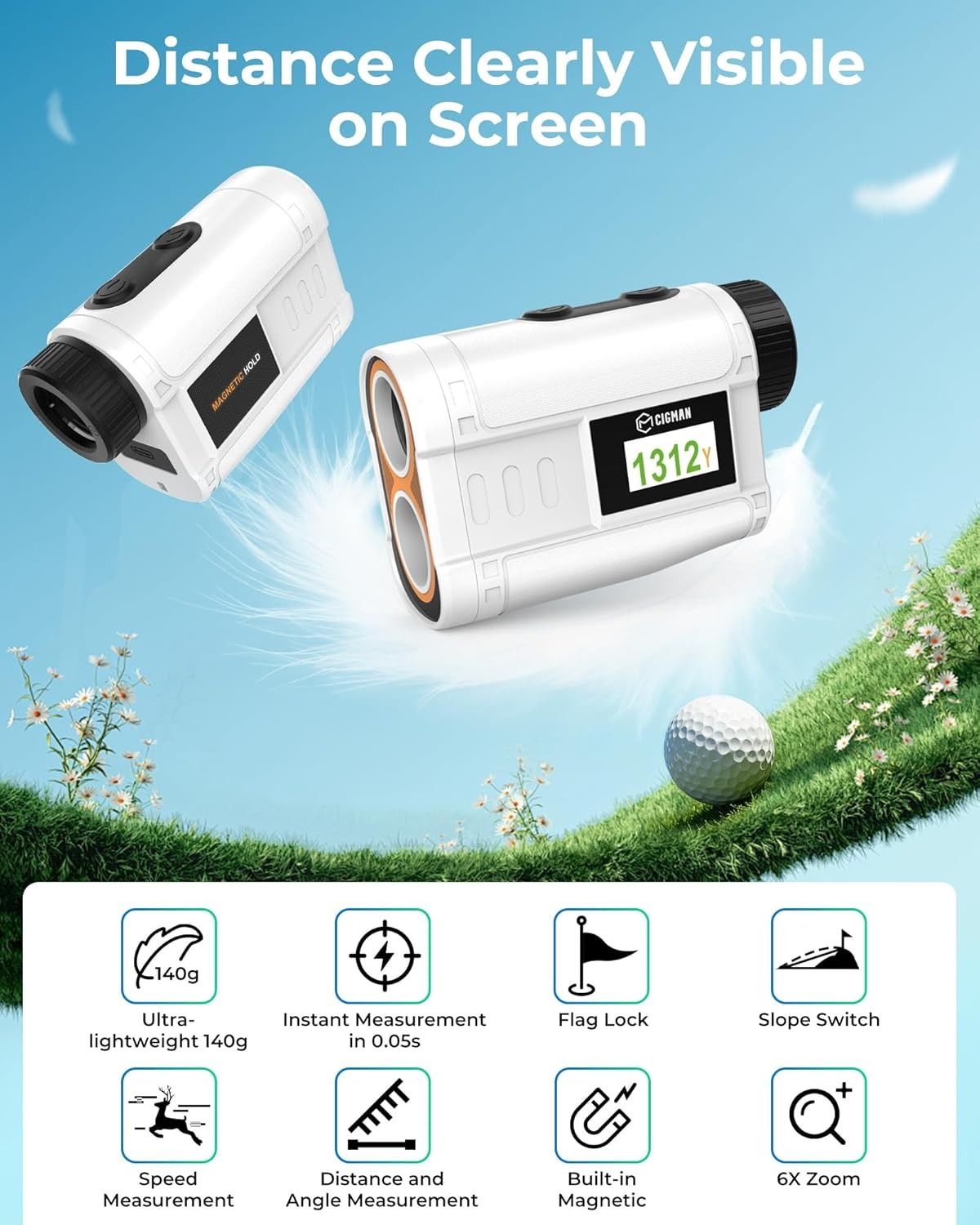 Golf Rangefinder with Slope, CIGMAN 1312 Yards Range Finder Golf, External Color Display, Flag Lock Vibration, 6X Magnification, Rechargeable Laser Range Finder with Magnetic