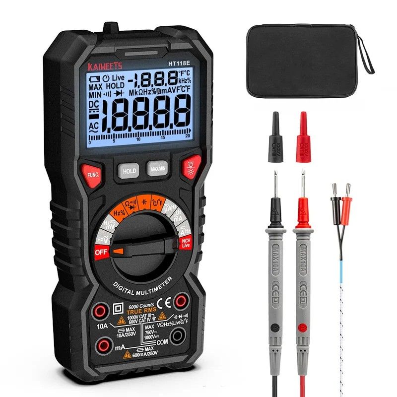 KAIWEETS HT118E Digital Multimeter TRMS 20000 Counts with Higher Resolution Auto-Ranging Voltmeter Accurately Measures Voltage Current Resistance Diodes Continuity Duty-Cycle Capacitance Temperature HT118E