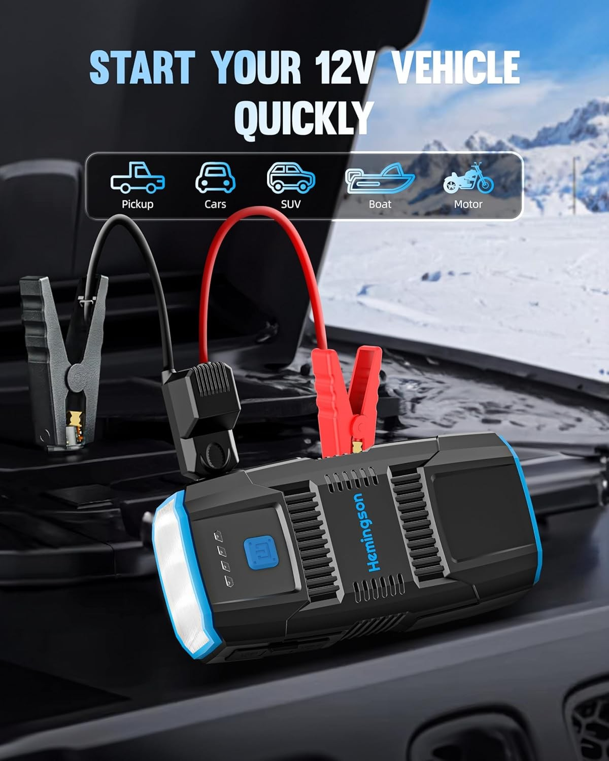 HEMINGSON 2000A Peak Battery Jump Starter Portable with 4 Modes LED Lights