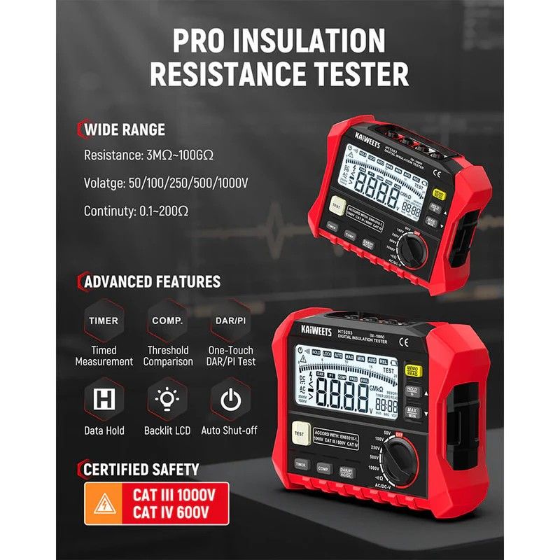 KAIWEETS Megohmmeter, Insulation Resistance Tester, Up to 100GΩ, 50V/100V/250V/500V/1000V, One-Touch DAR/PI, with AC/DC Voltage Testing for Motors, Solar, HVAC