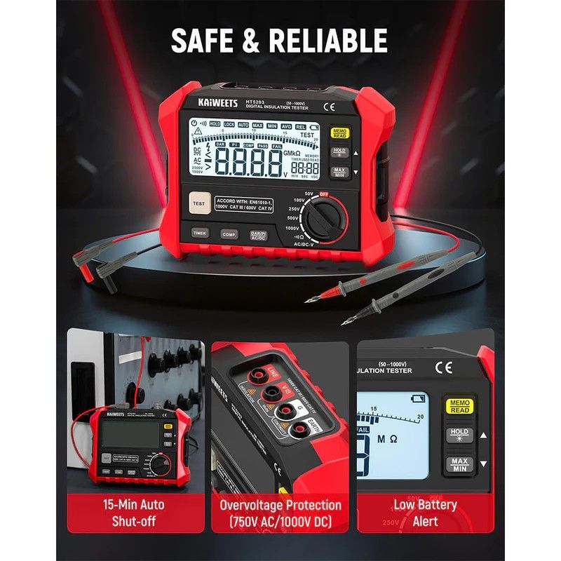KAIWEETS Megohmmeter, Insulation Resistance Tester, Up to 100GΩ, 50V/100V/250V/500V/1000V, One-Touch DAR/PI, with AC/DC Voltage Testing for Motors, Solar, HVAC
