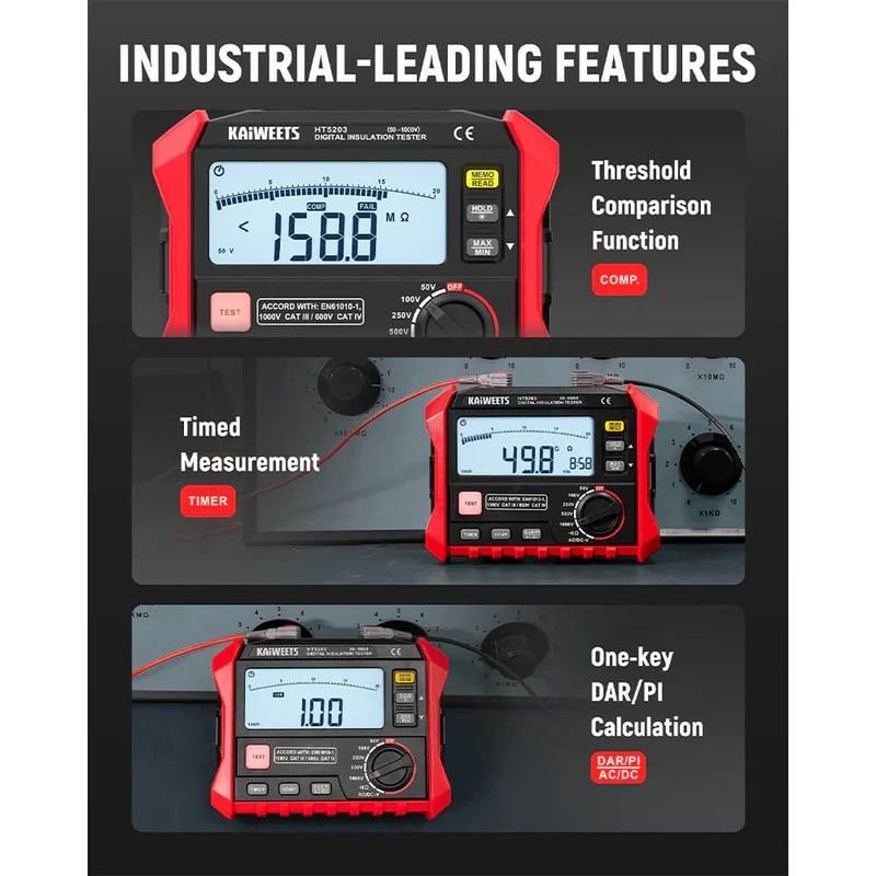 KAIWEETS Megohmmeter, Insulation Resistance Tester, Up to 100GΩ, 50V/100V/250V/500V/1000V, One-Touch DAR/PI, with AC/DC Voltage Testing for Motors, Solar, HVAC