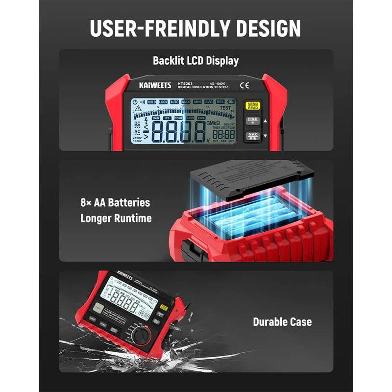 KAIWEETS Megohmmeter, Insulation Resistance Tester, Up to 100GΩ, 50V/100V/250V/500V/1000V, One-Touch DAR/PI, with AC/DC Voltage Testing for Motors, Solar, HVAC