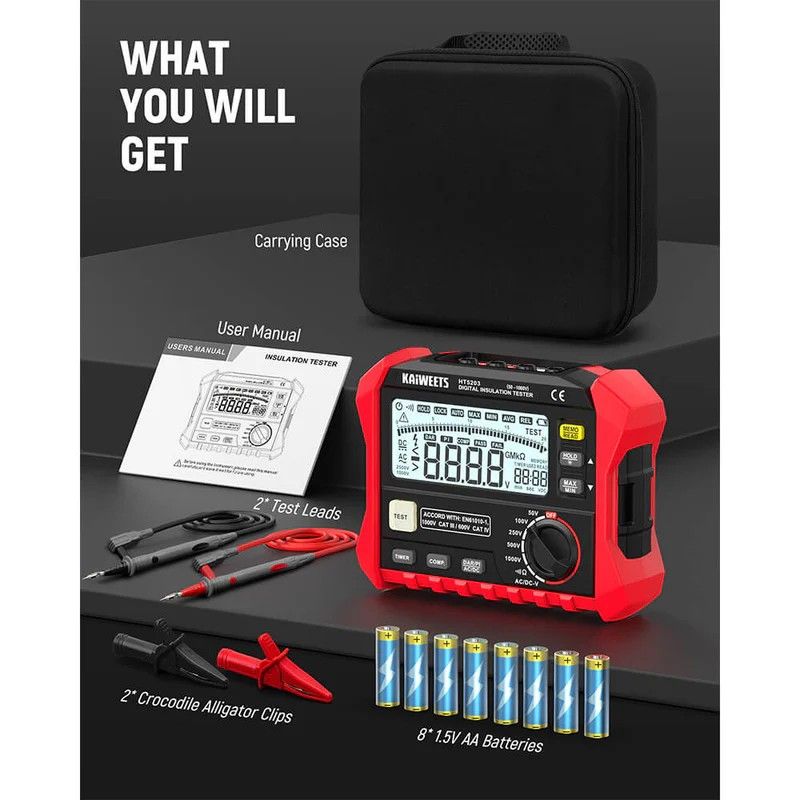 KAIWEETS Megohmmeter, Insulation Resistance Tester, Up to 100GΩ, 50V/100V/250V/500V/1000V, One-Touch DAR/PI, with AC/DC Voltage Testing for Motors, Solar, HVAC
