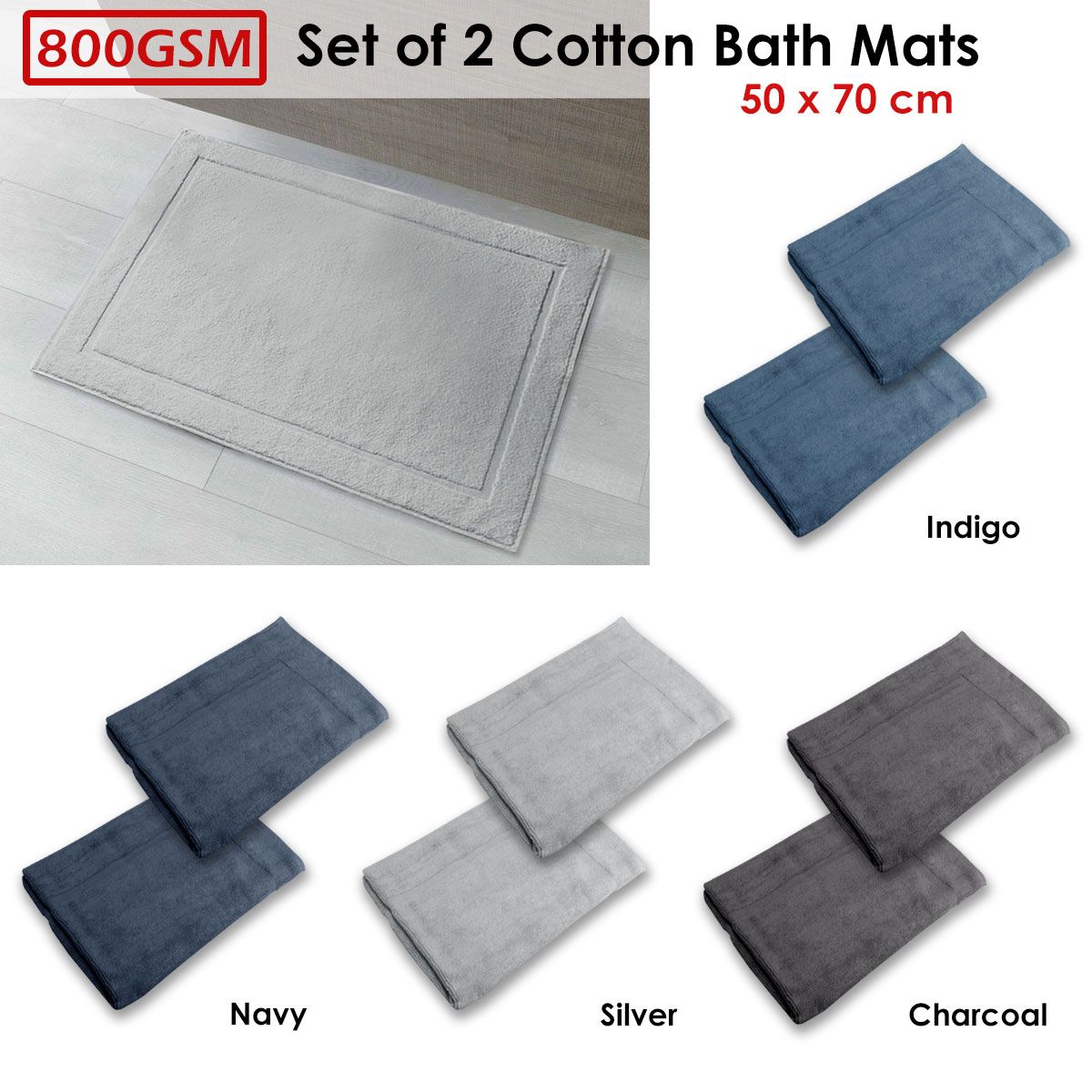 800GSM Set of 2 Cotton Bath Mats 50 x 70 cm Silver