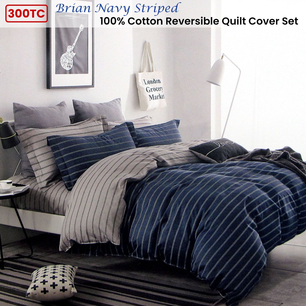 300TC Brian Navy Striped Reversible Cotton Quilt Cover Set Queen