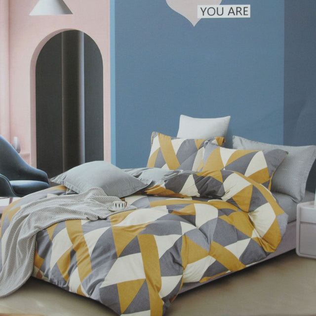 300TC Geo Mustard Reversible Cotton Geometric Quilt Cover Set Queen