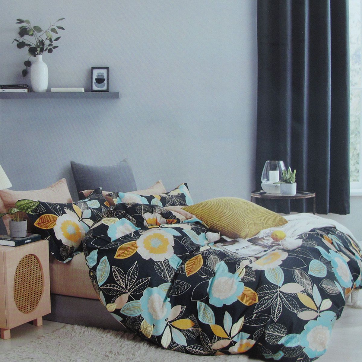 300TC Hana Flower Multi Reversible Cotton Floral Quilt Cover Set Double