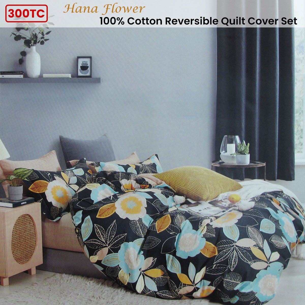 300TC Hana Flower Multi Reversible Cotton Floral Quilt Cover Set Double