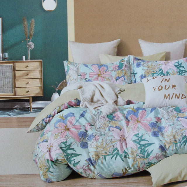300TC Lily Flowers Multi Reversible Cotton Floral Quilt Cover Set Queen