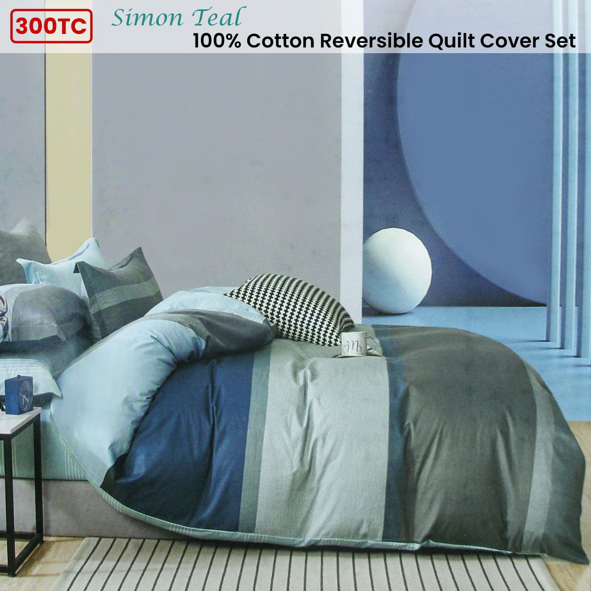 300TC Simon Teal Reversible Cotton Stripes Quilt Cover Set Queen