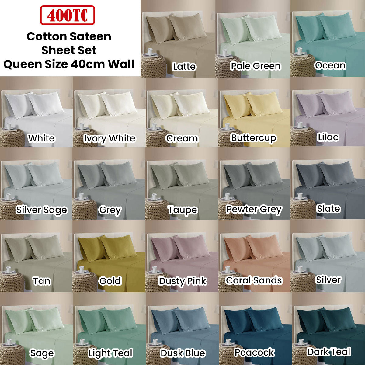 400TC 100% Cotton Sateen Premium Sheet Set 40cm Wall Dusk Blue Queen