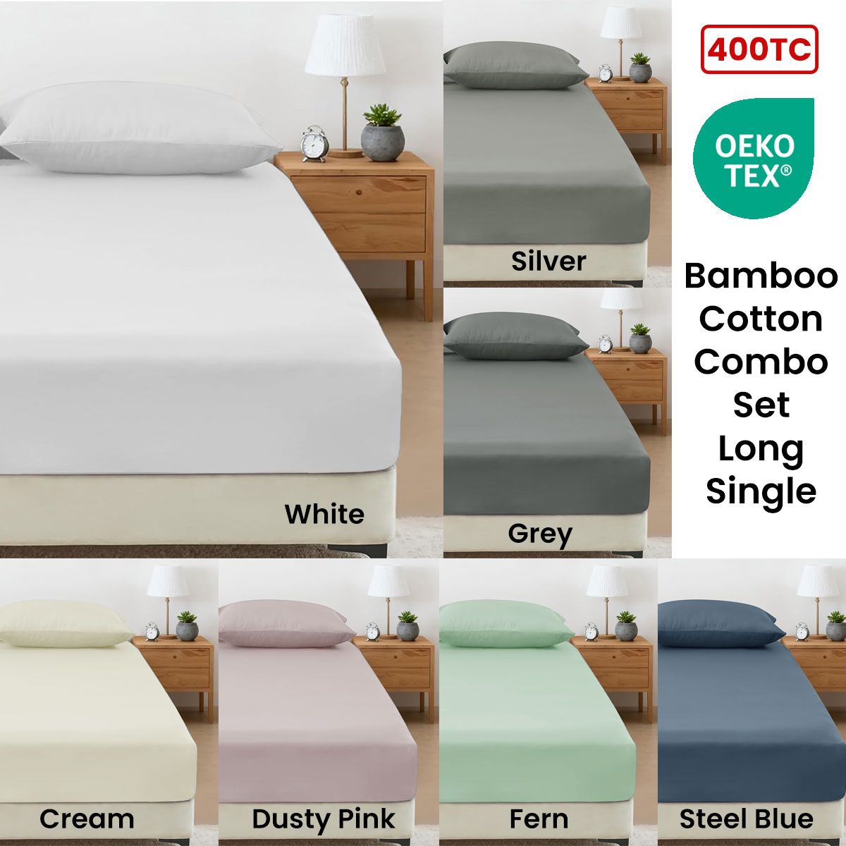 400TC Bamboo Cotton Fitted Sheet with Pillowcase Set Long Single Size 40cm Wall Dusty Pink