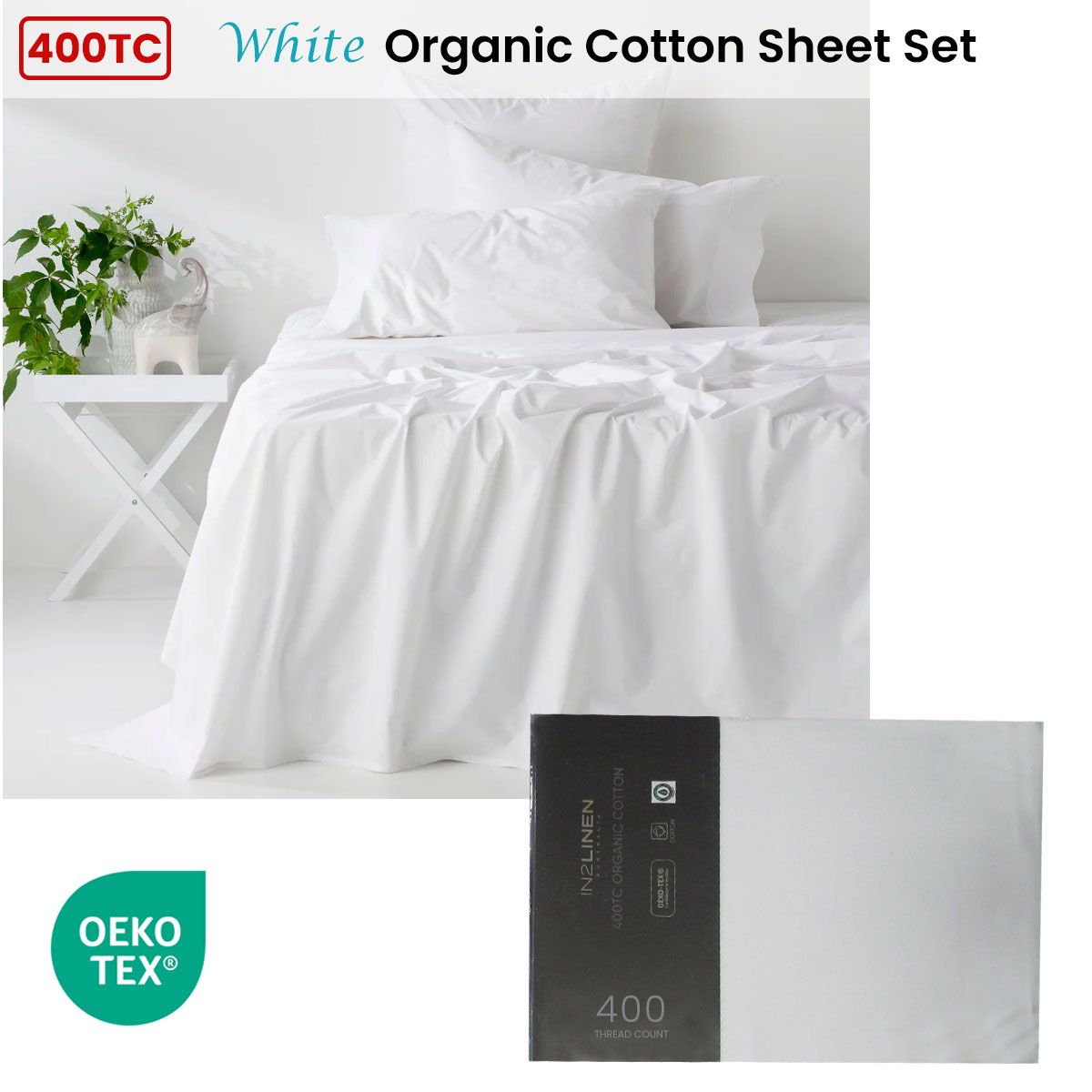 400TC Organic Cotton Premium White Sheet Set Long-Staple Commercial-Grade Durability Mega Queen