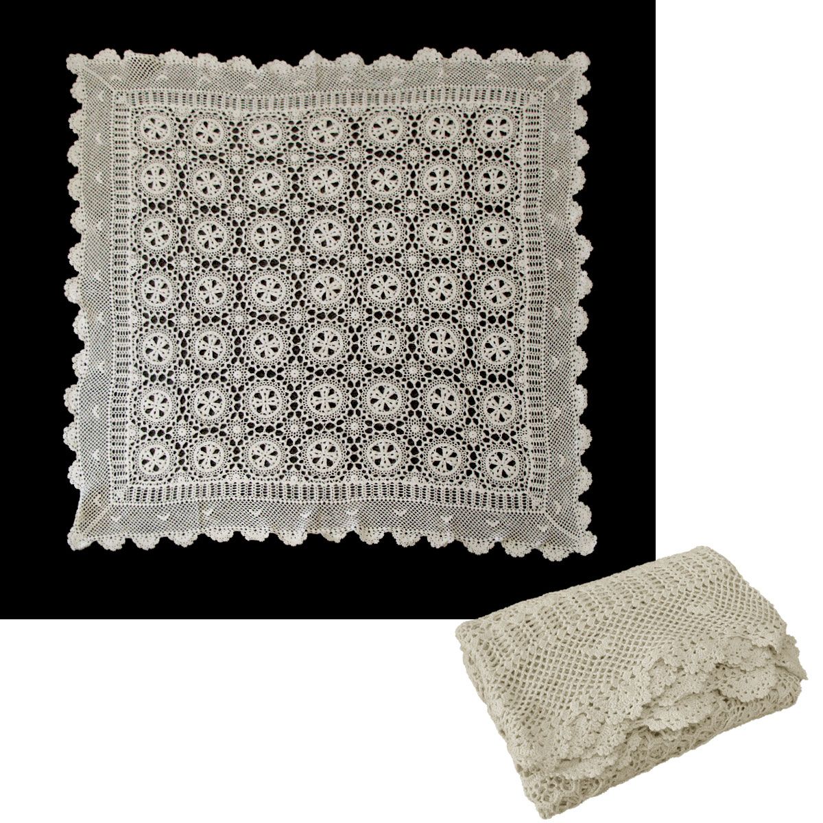 Linen Knitted Crochet Cotton Tablecloth Square 137 x 137cm Scalloped Edge 4-Seater