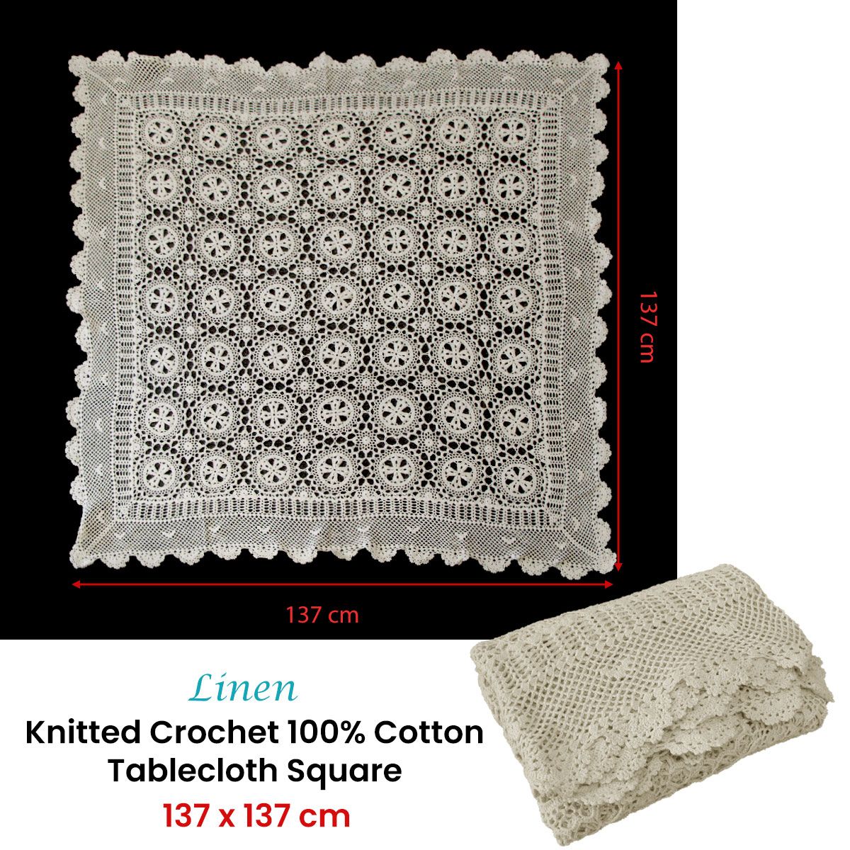 Linen Knitted Crochet Cotton Tablecloth Square 137 x 137cm Scalloped Edge 4-Seater