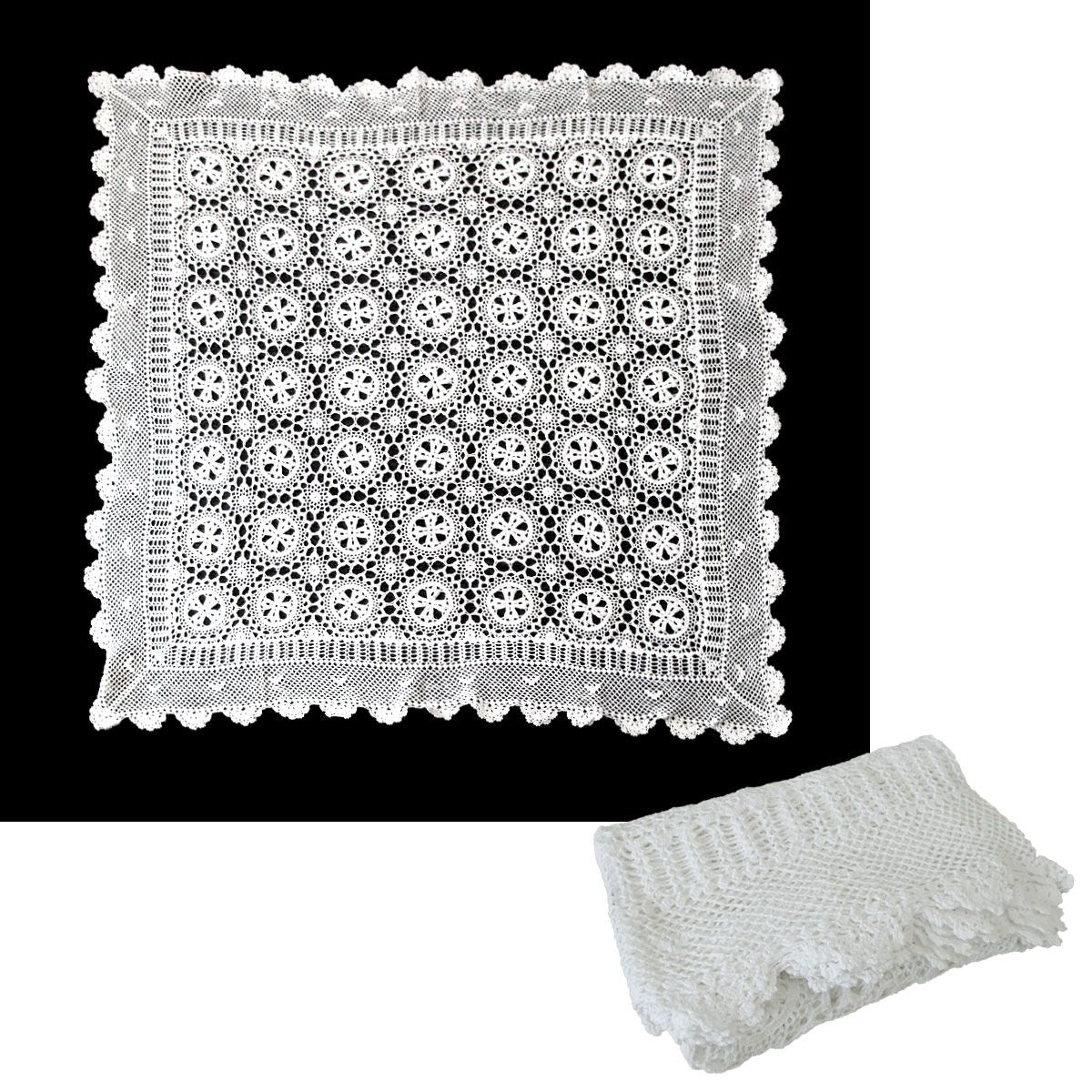 White Knitted Crochet Cotton Tablecloth Square 137 x 137 cm Scalloped Edging 4-Seater