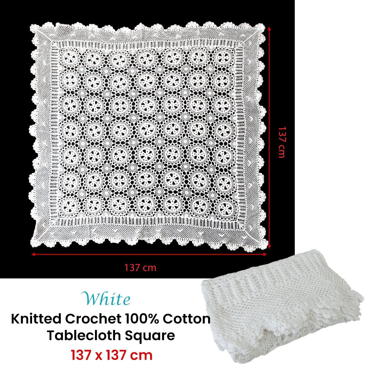 White Knitted Crochet Cotton Tablecloth Square 137 x 137 cm Scalloped Edging 4-Seater
