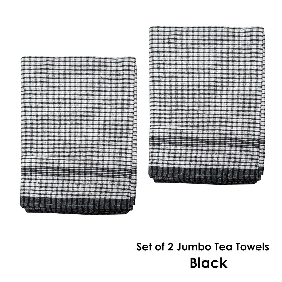 Hotel Living Set of 2 Jumbo Cotton Check Tea Towels 60x90cm Black