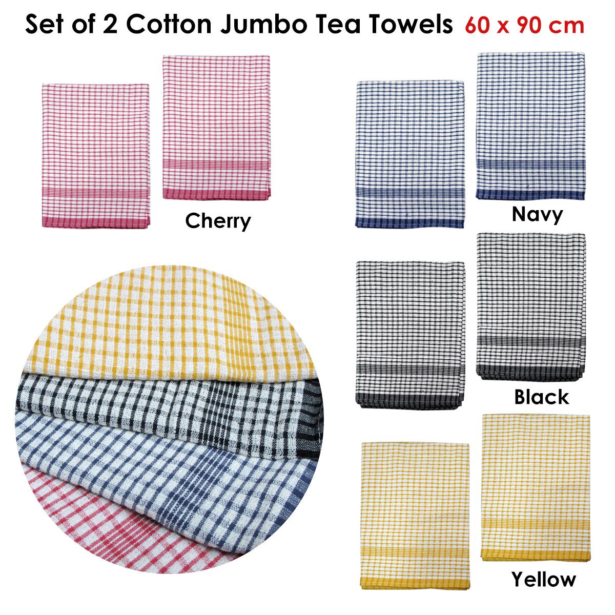 Hotel Living Set of 2 Jumbo Cotton Check Tea Towels 60x90cm Black