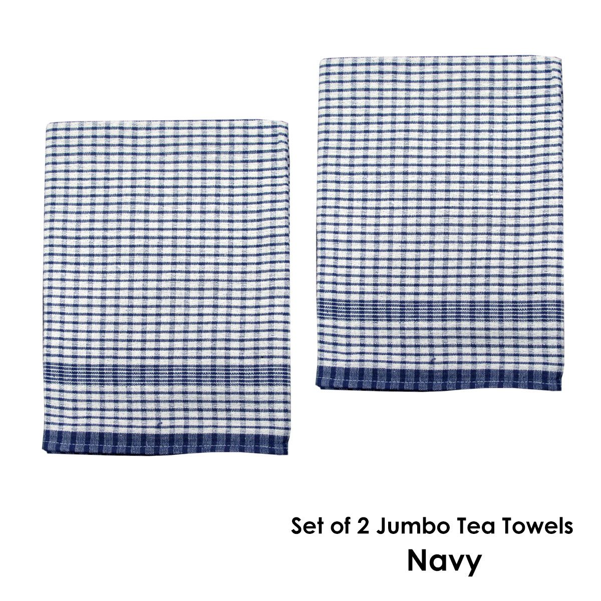 Hotel Living Set of 2 Jumbo Cotton Check Tea Towels 60x90cm Navy