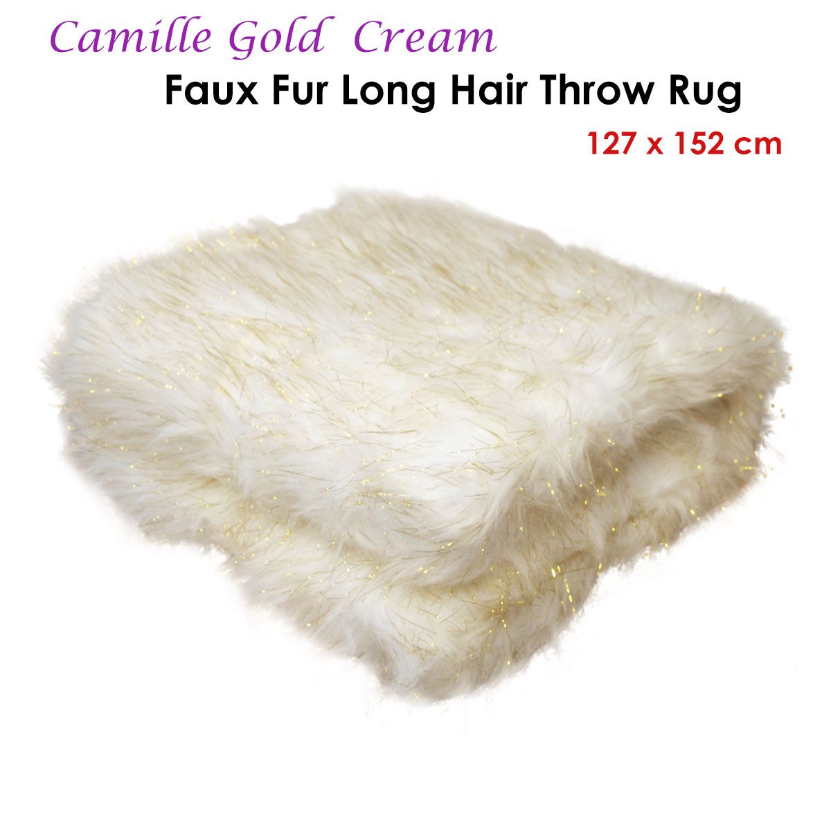 Camille Gold Cream Faux Fur Throw Rug 127 x 152 cm