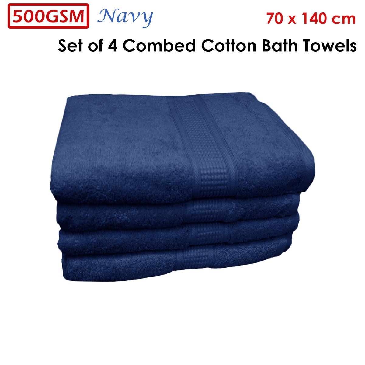 500GSM Set of 4 Combed Cotton Bath Towels Navy 70 x 140 cm