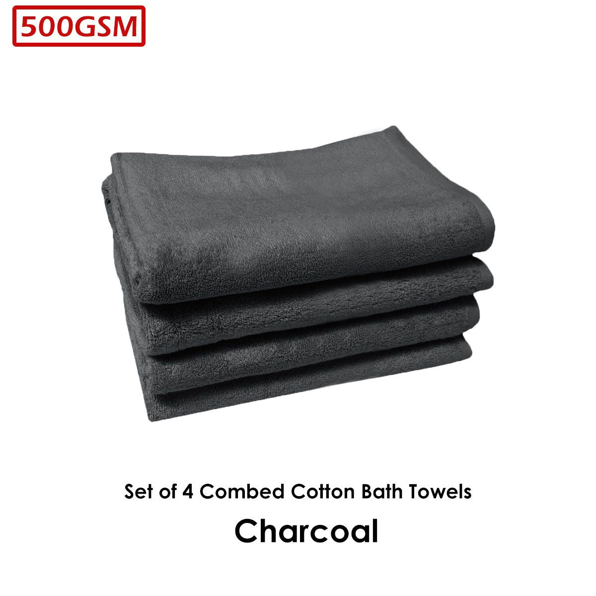 500GSM Set of 4 Combed Cotton Bath Towels Plain 70 x 140 cm Plain Charcoal