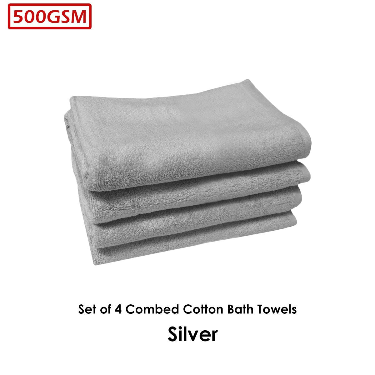 500GSM Set of 4 Combed Cotton Bath Towels Plain 70 x 140 cm Plain Silver