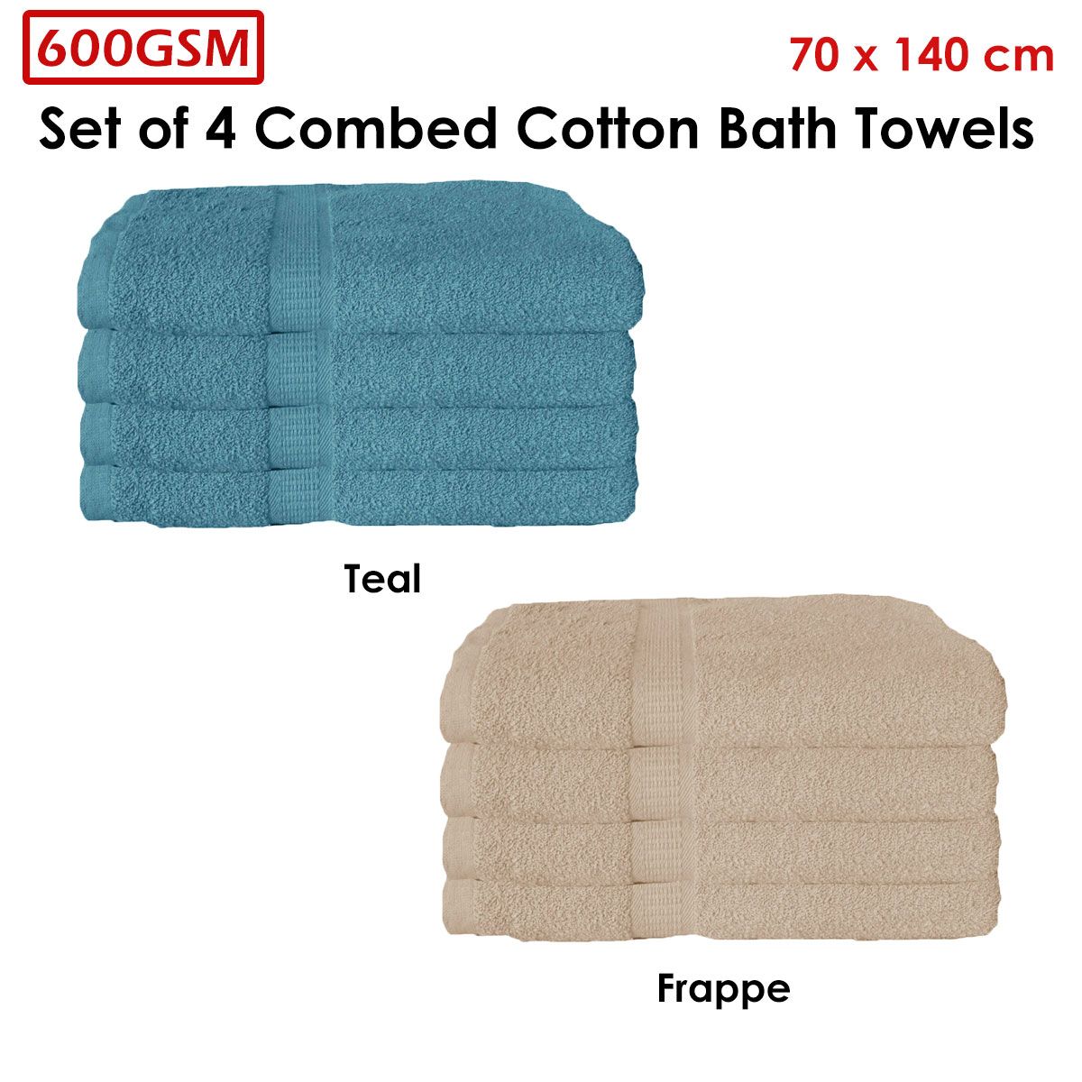 600GSM Set of 4 Combed Cotton Bath Towels 70 x 140 cm Latte (aka Frappe)
