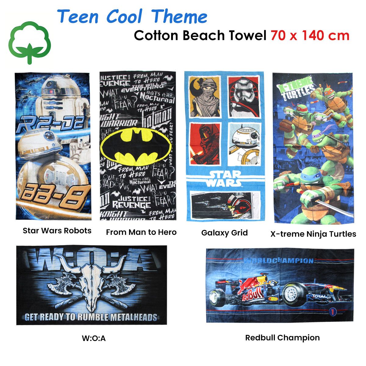 Teen Cool Theme Cotton Beach Towel 70 x 140 cm Star Wars Robots R2-D2 BB-8
